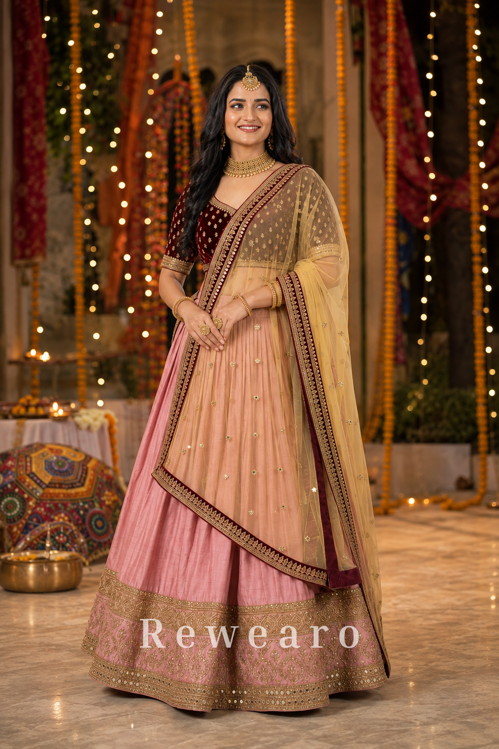 Rose Pink Lehenga with Maroon Embroidered Blouse & Antique Dupatta