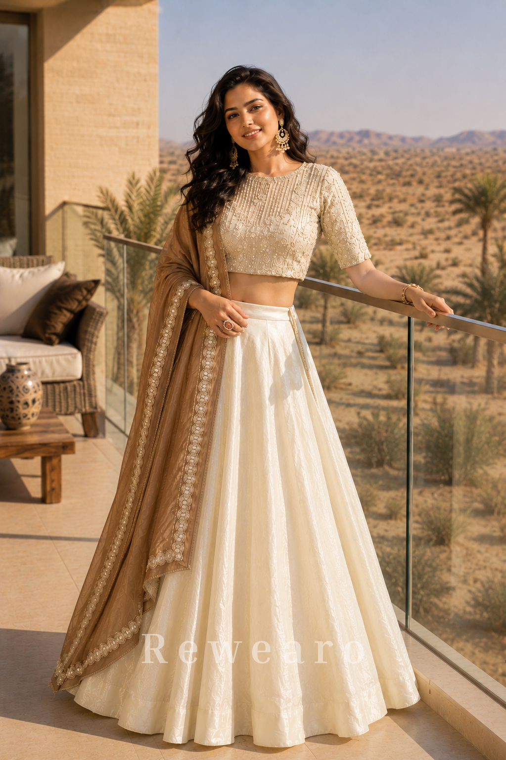 Ivory Embroidered Lehenga Set with Beige Border Dupatta