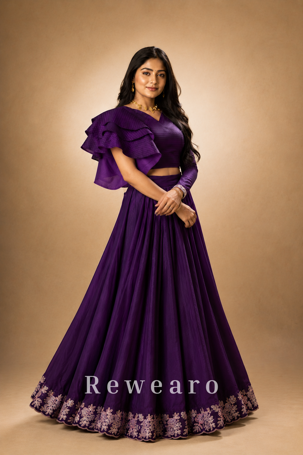 Royal Amethyst Ruffle Blouse with Flowing Purple Embroidered Lehenga