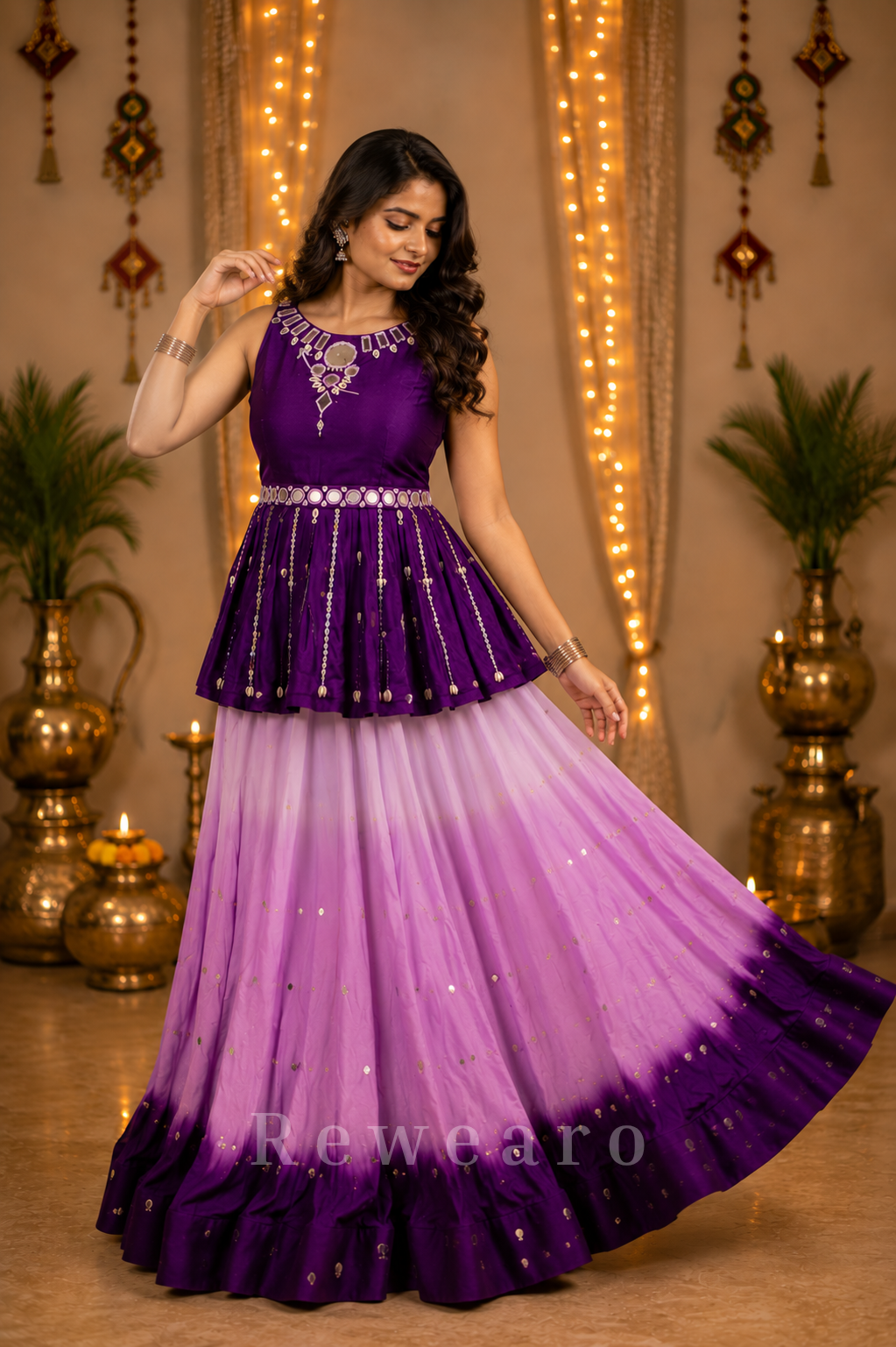 Royal Purple Peplum Choli with Lilac Ombre Flared Skirt & Mirror-Embellished Detailing