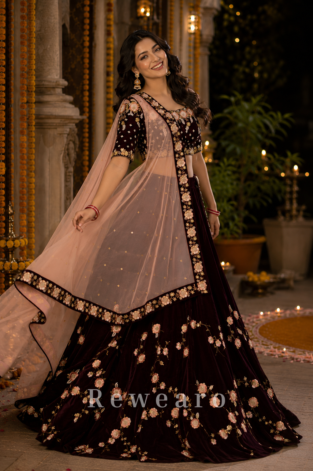 Deep Wine Velvet Floral Embroidered Lehenga Set with Rose Border Net Dupatta