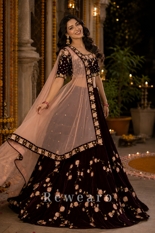 Deep Wine Velvet Floral Embroidered Lehenga Set with Rose Border Net Dupatta