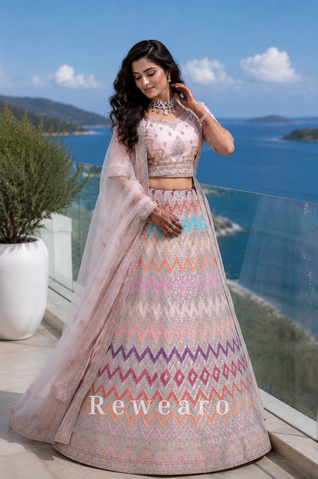 Pastel Rainbow Chevron Embroidered Lehenga Set with Shimmering Silver Heritage Detailing