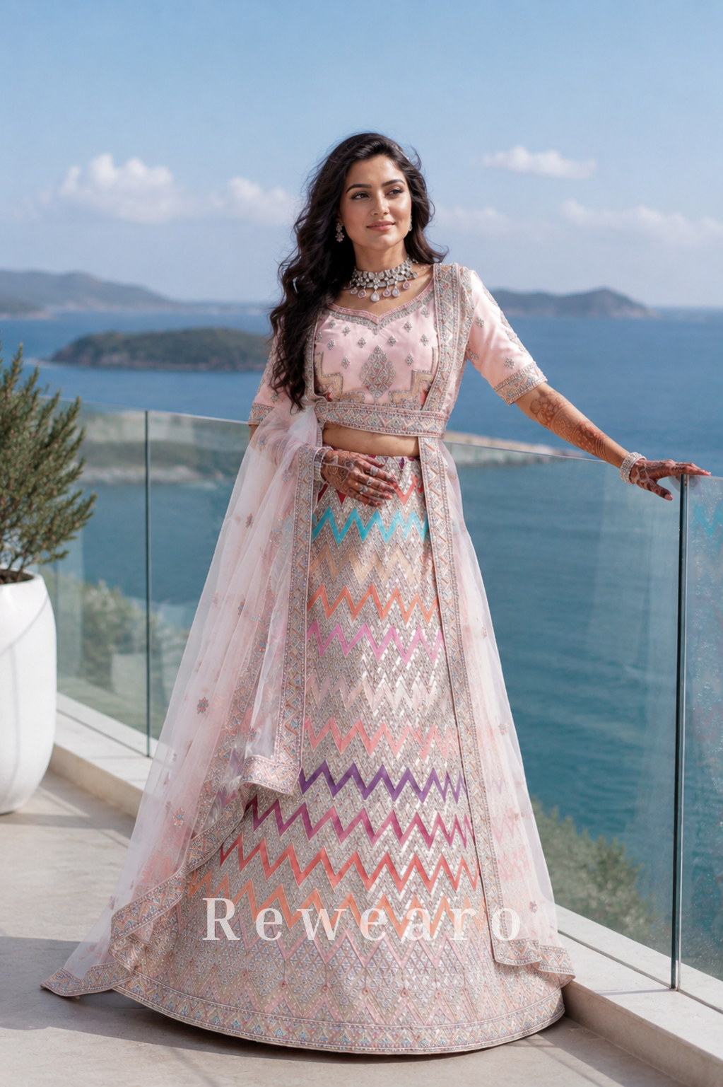 Pastel Rainbow Chevron Embroidered Lehenga Set with Shimmering Silver Heritage Detailing