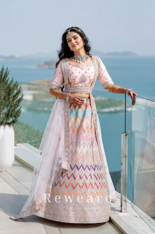 Pastel Rainbow Chevron Embroidered Lehenga Set with Shimmering Silver Heritage Detailing
