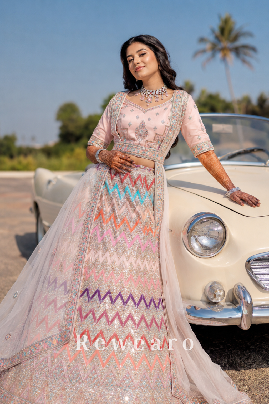 Pastel Rainbow Chevron Embroidered Lehenga Set with Shimmering Silver Heritage Detailing