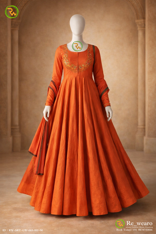 Rust Orange Embroidered Anarkali Gown with Contrast Border Dupatta