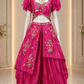 Fuchsia Embroidered Draped Dhoti Set with Floral Sleeves
