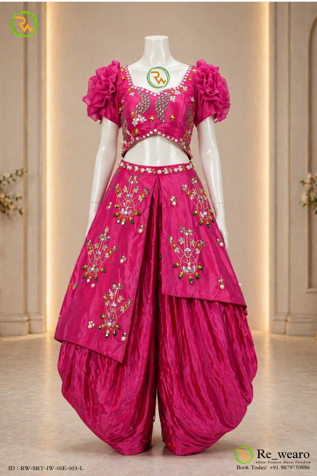 Fuchsia Embroidered Draped Dhoti Set with Floral Sleeves