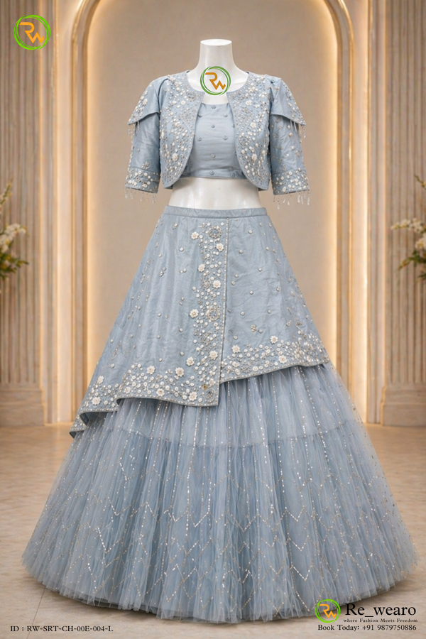Powder Blue Embroidered Layered Lehenga with Mirrorwork Jacket - View 5