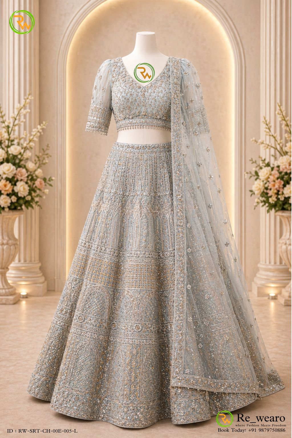 Ice Blue Heavily Embroidered Bridal Lehenga with Net Dupatta