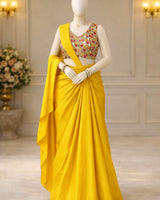 Sunshine Draped Pre-stiched Saree with Multicolor Floral Mirror Blouse