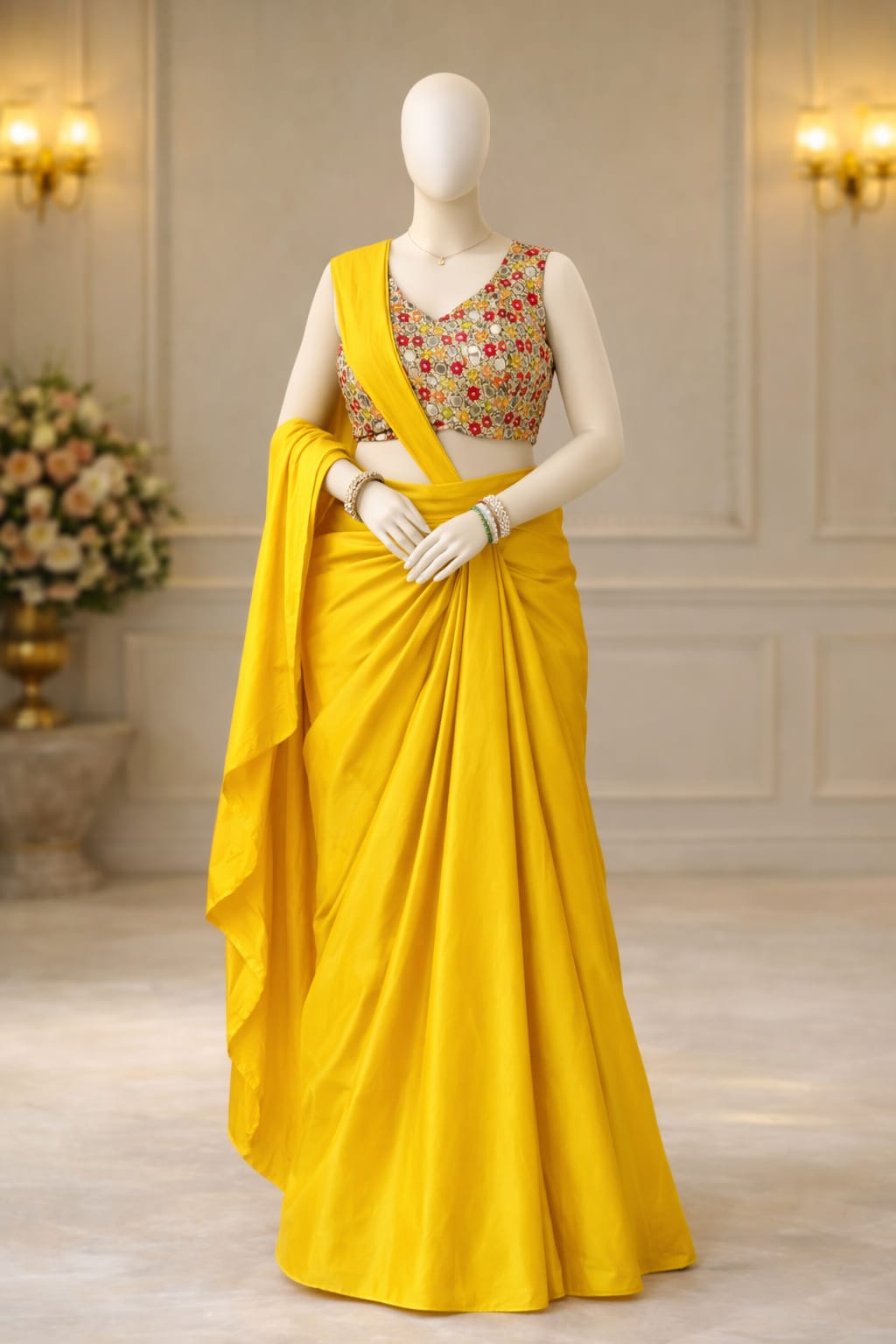Sunshine Draped Pre-stiched Saree with Multicolor Floral Mirror Blouse