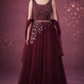 Wine Embellished Net Evening Gown with Cape Sleeves