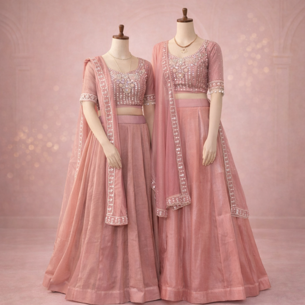 Dusty Rose Bridesmaid Lehenga Duo with Embellished Dupattas