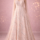 Blush Pink Sequined Evening Gown with Sheer Cape Sleeves