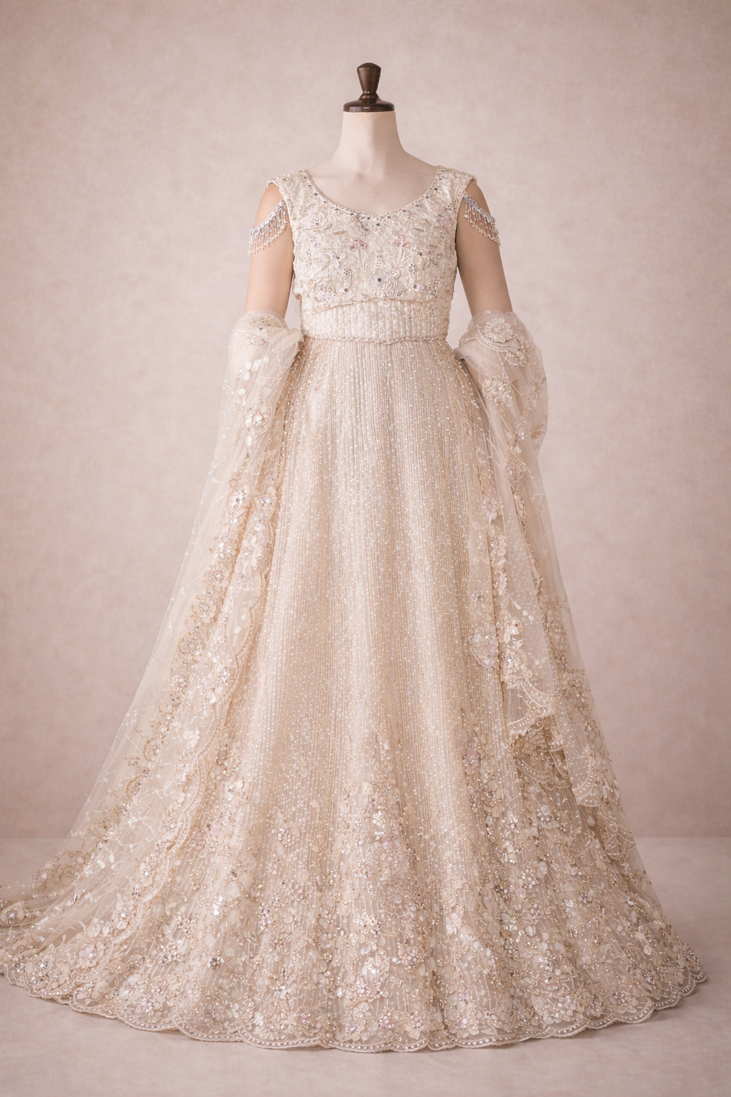 Ivory Embroidered Sider Gown with Floral Net Dupatta
