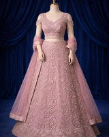 Blush Pink Hand-Embroidered Sequins Lehenga Set with Net Dupatta