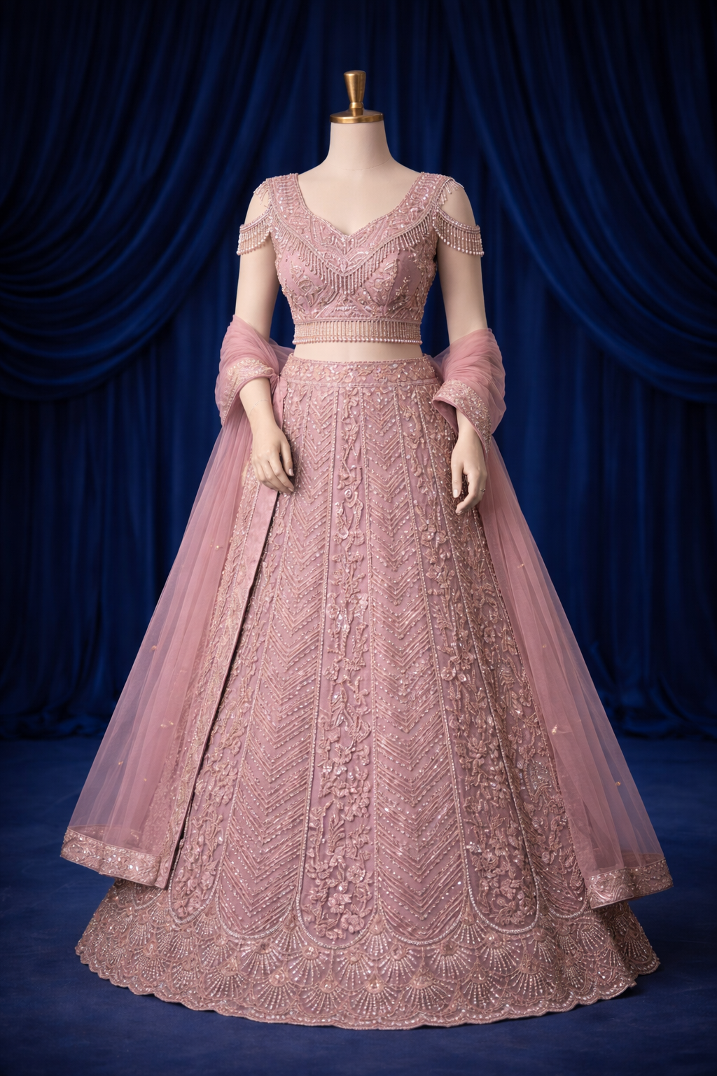 Blush Pink Hand-Embroidered Sequins Lehenga Set with Net Dupatta